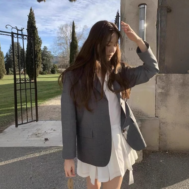 Instant Delivery~ Korean Niche Eight-Breasted Spring and Autumn Korean-Style Retro Loose-Fitting Elegant Solid Color Casual Blazer for Women