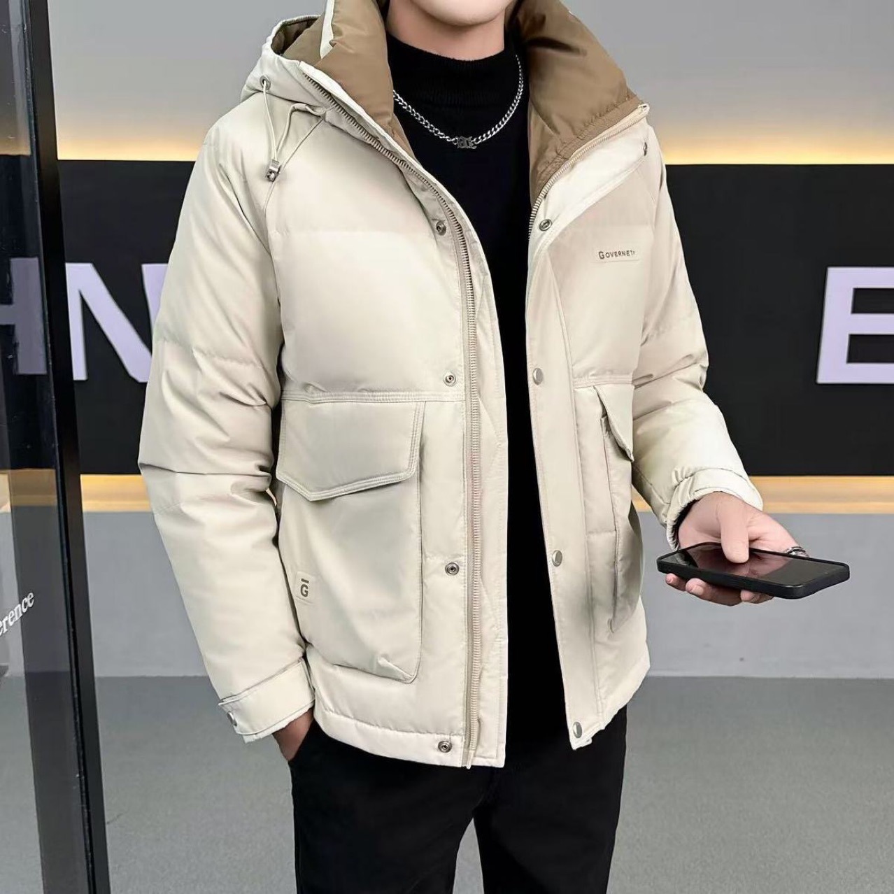 Men's down Jacket for Young and Middle-Aged Fashion, Warm White Duck down Hooded Loose Coat, Trendy New Style for Men