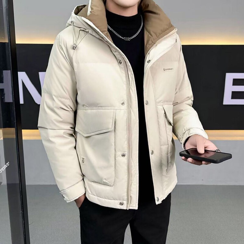 Men's down Jacket for Young and Middle-Aged Fashion, Warm White Duck down Hooded Loose Coat, Trendy New Style for Men