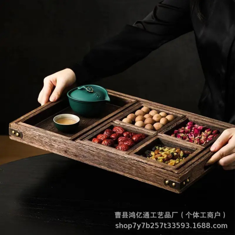 国境を越えた無垢材の炉茶トレイティーセット分割ディナープレートデスクトップ多機能7ピーストレイセット|undefined