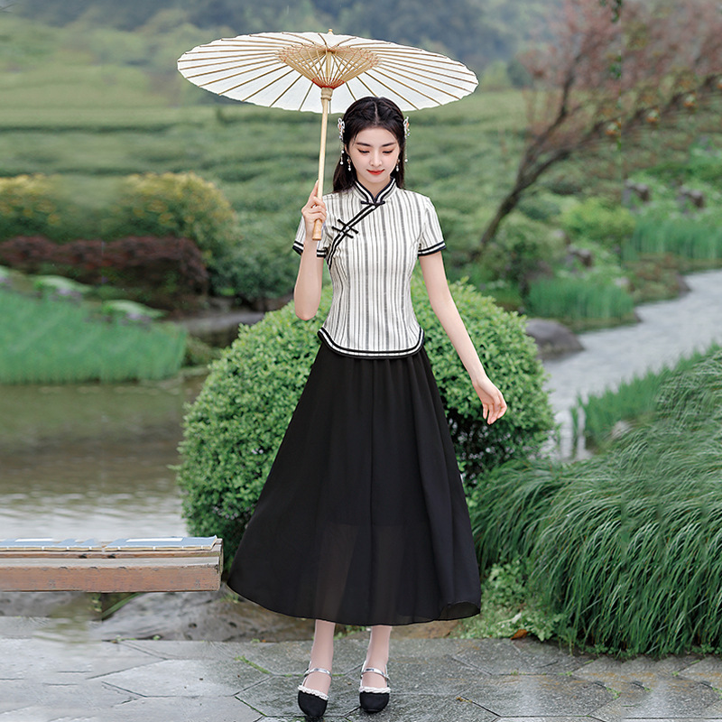 2022 summer new pattern Cotton and hemp have more cash than can be accounted for fresh cheongsam suit temperament Pastoral wind Improvement cheongsam Two piece set