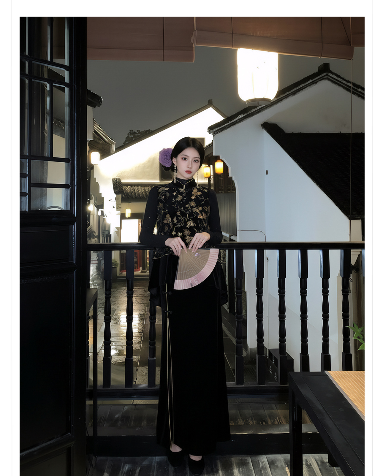 Bộ áo vest không tay thêu sequin đen vàng + chân váy nhung xẻ tà phong cách Trung Quốc mùa xuân hè — váy, áo vest chi tiết 12
