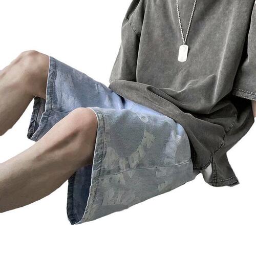 American letter print denim shorts for men, summer loose plus size 5-inch mid-rise streetwear trend brand big pants