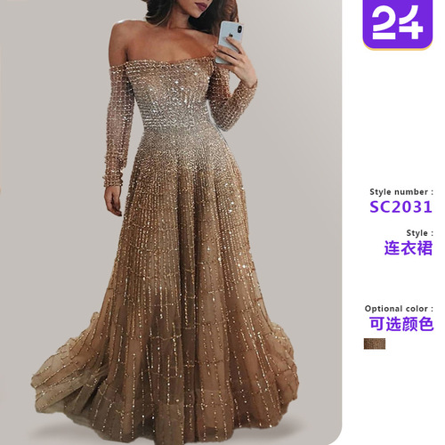 SC2031 Internet celebrity new style long autumn and winter shiny one-shoulder long-sleeved tube top dress