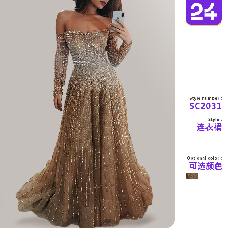 Sc2031 Internet Celebrity New Amazon Long 2025 Autumn and Winter Shiny One-Shoulder Long-Sleeved Tube Top Dress