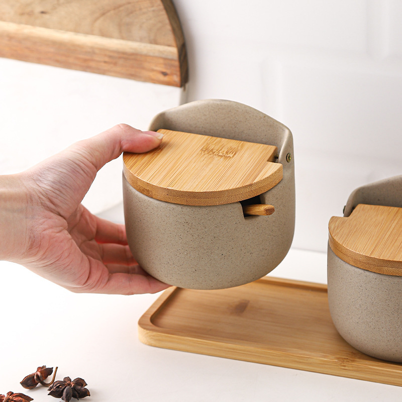 Tarro de condimento de tapa de madera de bambú de cerámica japonesa, caja de condimento, tanque de almacenamiento de condimento de cocina, juego de tarro de azúcar de sal para el hogar de restaurante