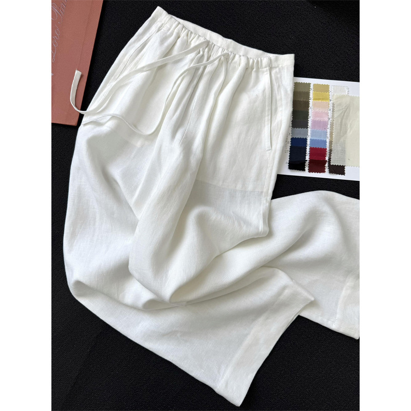 In Summer, the Linen White Wide-Leg Sports Pants for Women Are Very Beautiful, with a Relaxed Feel, Thin Straight-Leg Casual Pants for Walking