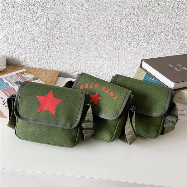 Children's Small Schoolbag Canvas Vintage Crossbody Bag Red Army Student Bag Five-pointed Star Bag Male and Female Student Travel Bag