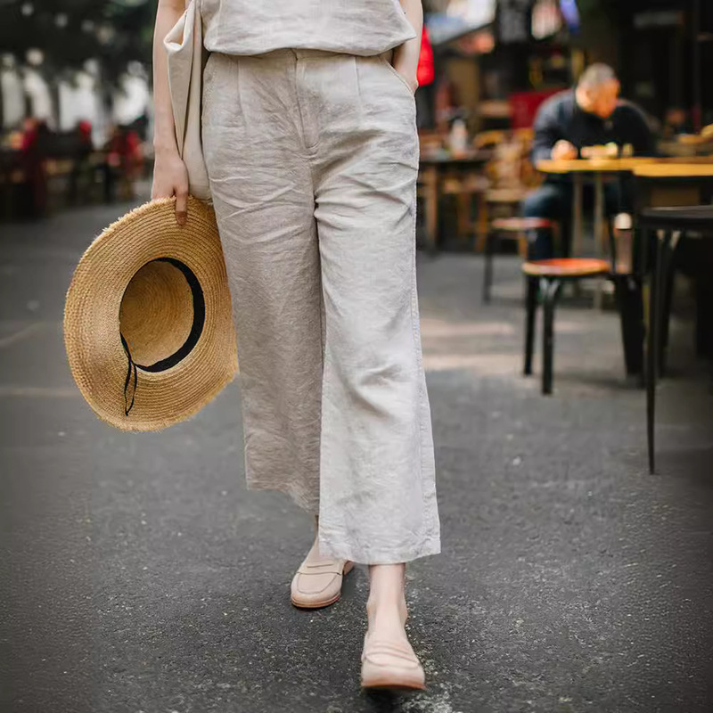 2025 Spring and Summer New Easiest for Match Linen Urban Casual Pants Women's Elastic Waist Slimming Literary Flared Pants Cropped Pants