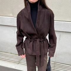 欧美跨境2025新款秋冬复古麂皮绒长袖夹克磨砂绒女设计感气质外套