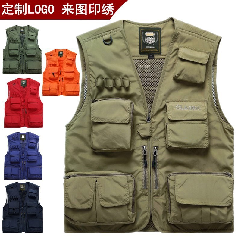 Chaleco ligero para hombre para actividades al aire libre con múltiples bolsillos, ideal para pesca y fotografía, chaleco de talla grande con diseño de ropa de trabajo estampada.