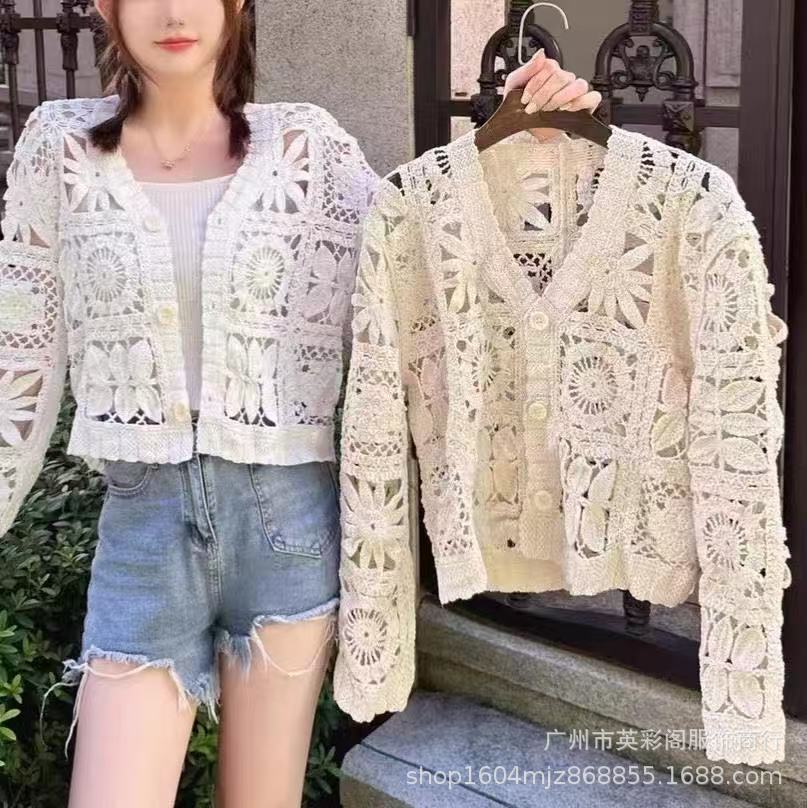 Bohemian Vacation V Neck Cut Out Knitted Vertical Crochet Cardigan Ethnic Style Woven Long-Sleeved Cardigan Women's Top