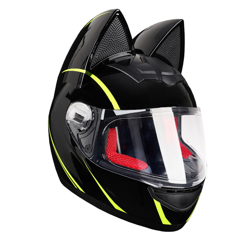 Casco de motocicleta eléctrica HNJ, casco integral con oreja de gato certificado 3C para mujer, verano, se puede equipar con auriculares Bluetooth, casco integral para motocicleta