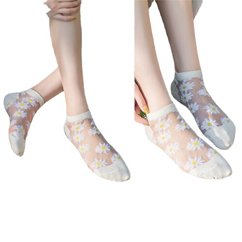 PLUS Summer Crystal Women's Daisy Breathable Bag Solid Color Socks Jacquard Cotton Bottom Anti-Snatch Socks Manufacturer