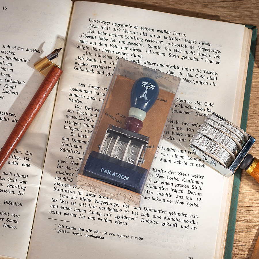 Lleno de energía sello de fecha retro libro de mano de bricolaje año, mes, día sello de rodillo sello de fecha transfronteriza