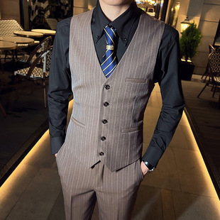 Business Korean Style Slim Stripesd V Neck Men's Vest, Groom and Best Man Small Vest, Brown Suit with Vest Inside