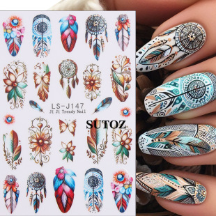 Cross-Border New Nail Art Stickers Retro Bohemian Style Feather Pattern Nail Stickers Nail