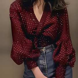 酒红色雪纺波点灯笼袖气质小衫长袖衬衫女士初秋上衣