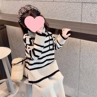 Girls' Korean-style Turtleneck Sweater Wide-leg Pants suit Spring/Autumn/Winter Women's Pullover Striped Sweater Two-piece Set
