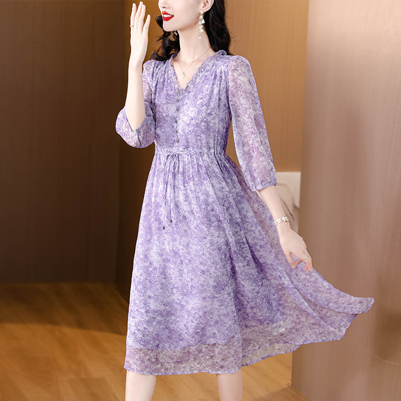 Purple Floral Mulberry Silk Dress 2025 New High-End Summer Elegant Georgette V Neck Mid-Length Skirt