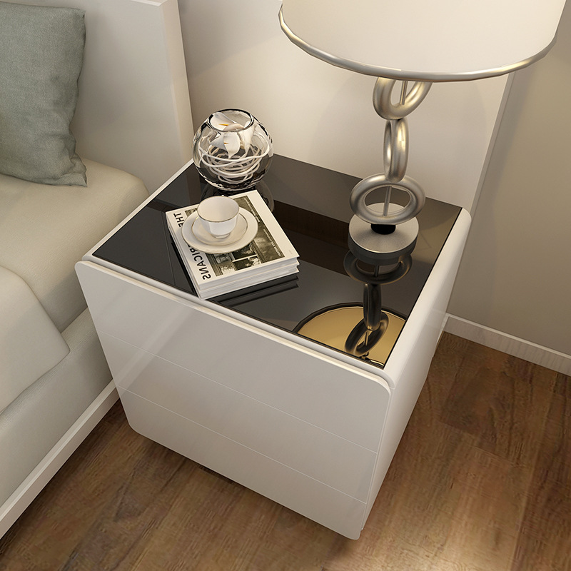 Bedside table, minimalist and modern, for bedroom&mdash;small storage cabinet, white baked-paint finish, smart bedside table, solid wood three-drawer chest.