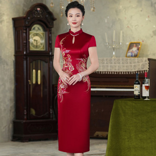 Wine red acetic acid cheongsam wedding banquet mother dress wedding happy mother-in-law temperament host annual meeting dress [9972]]