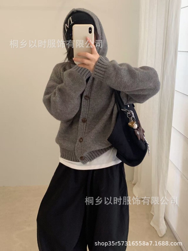 以时 文艺复古风厚实毛衣外套 25秋冬季新款宽松连帽针织开衫 女|undefined
