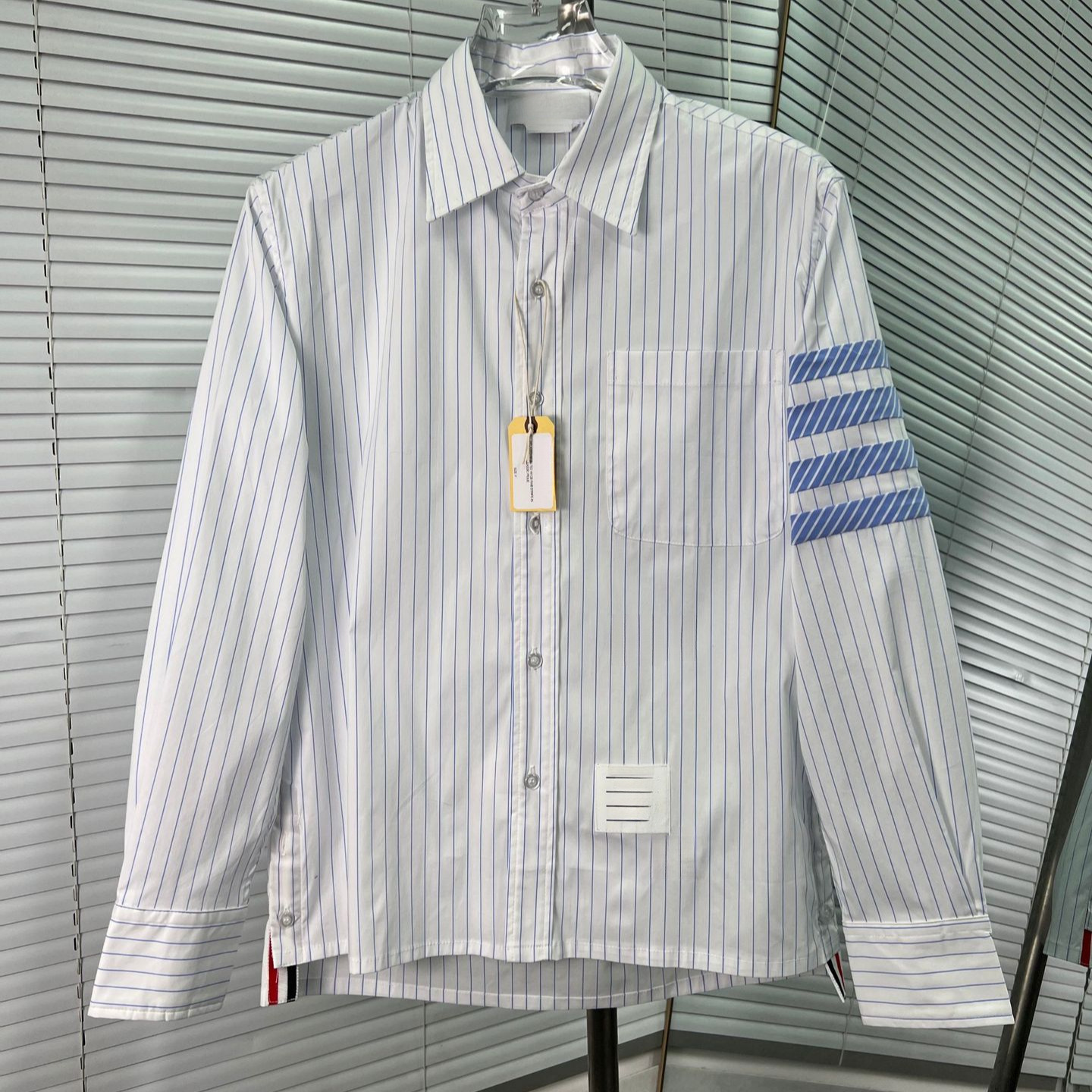 工厂直营潮牌TB新款浅蓝色四杠袖条纹男女情侣款府绸长袖尖领衬衫