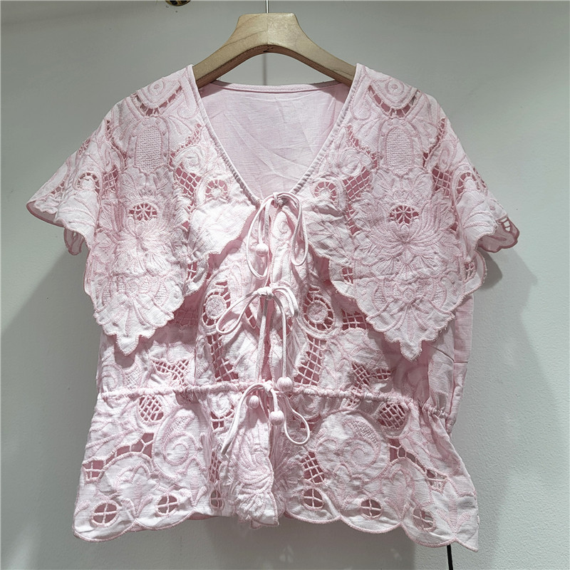 Dolce Jacquard hueco camisa de manga corta de cuello naval para mujeres 2026 nuevo verano coreano corta corta corta camisa