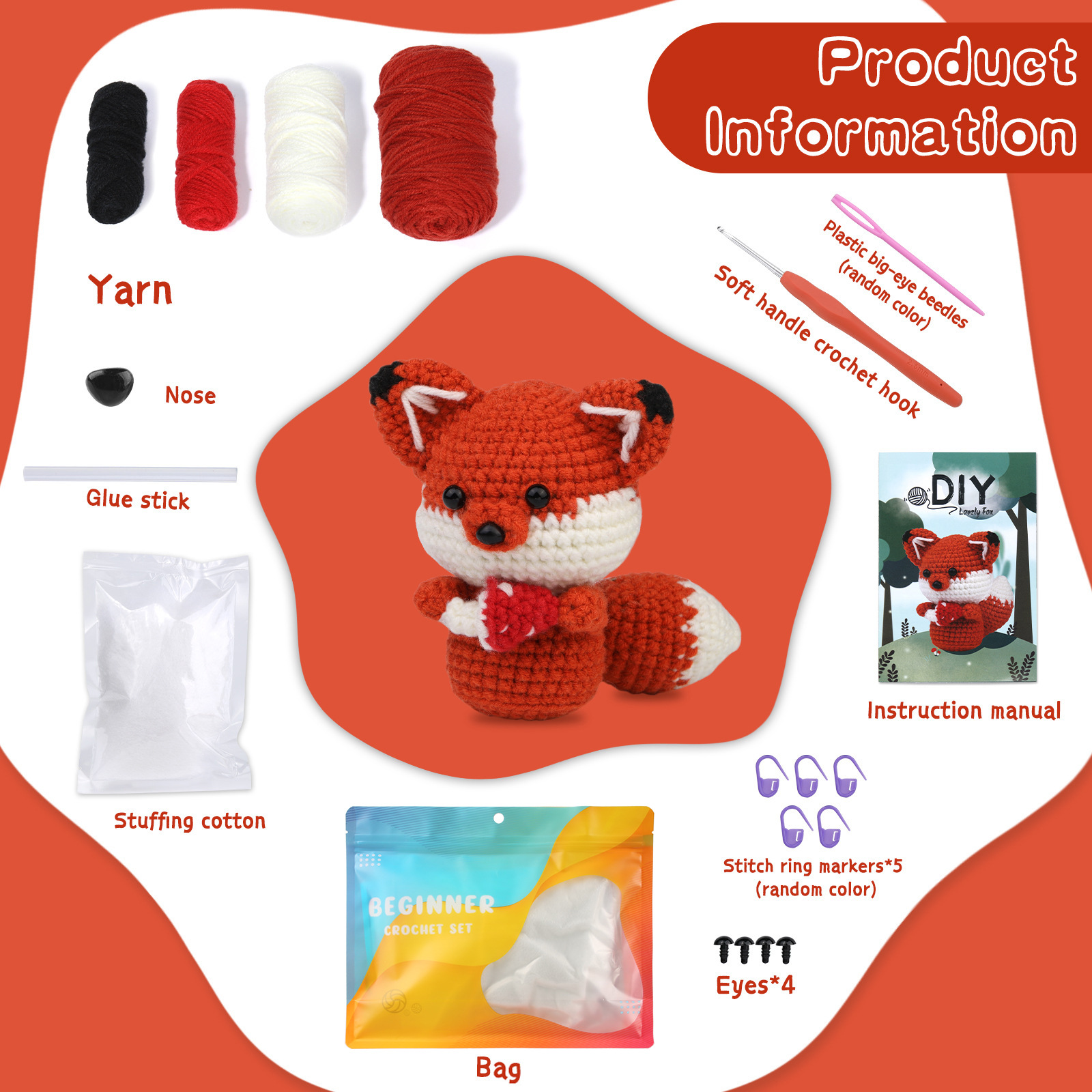 Unisex same style handmade DIY crochet wool knitted red fox doll material package_voghion.com