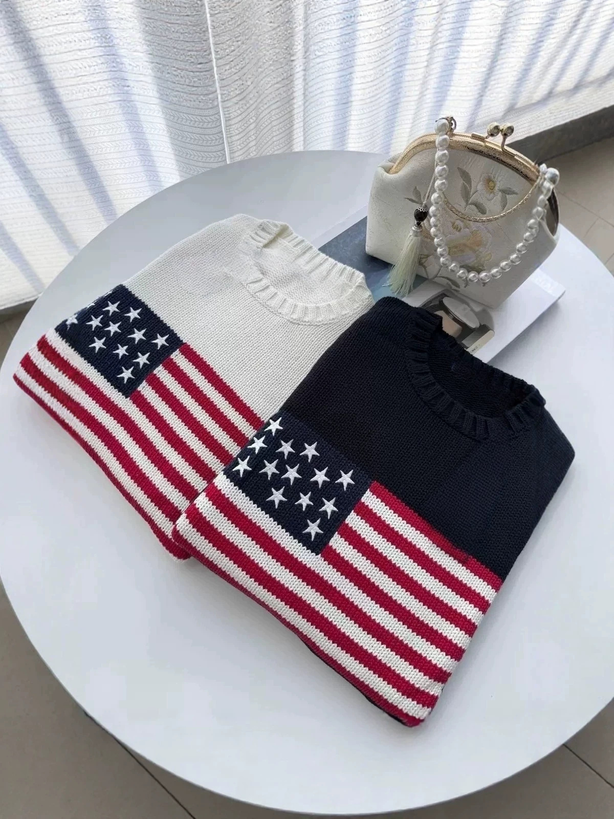 Cross-Border Amazon Large Size American Retro Flag Knitted Pullover 2026 Autumn and Winter Round Neck Sweater Wholesale in Stock