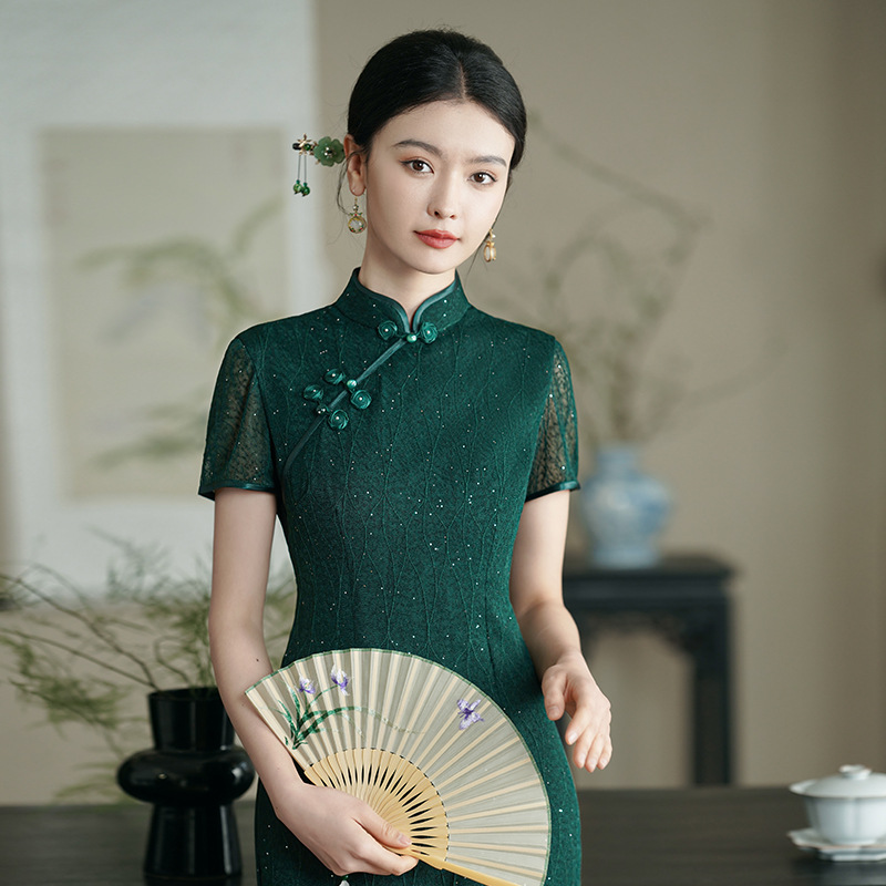 Dark Green Cheongsam 2024 New High Sense Simple Retro Summer Dark Small Daily Wear Dress