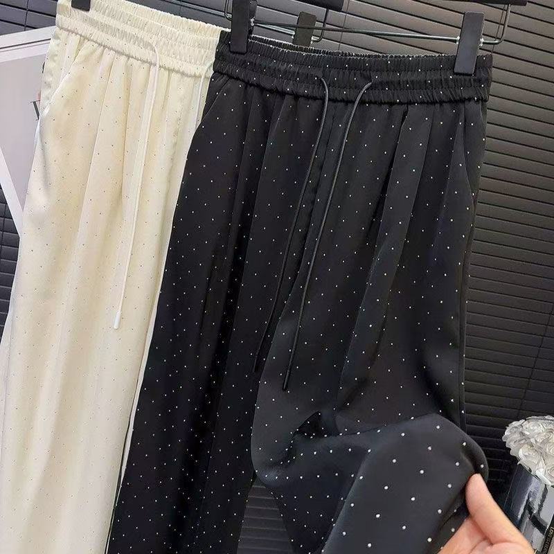 High-End Acetate Satin Rhinestone Women's Pants New Style Elastic High-Waist Drapey Straight Loose Casual Floor-Length Trousers for Women High-End Acetate Satin Rhinestone Women's Pants New Style Elastic High-Waist Drapey Straight Loose Casual Floor-Length Trousers for Women