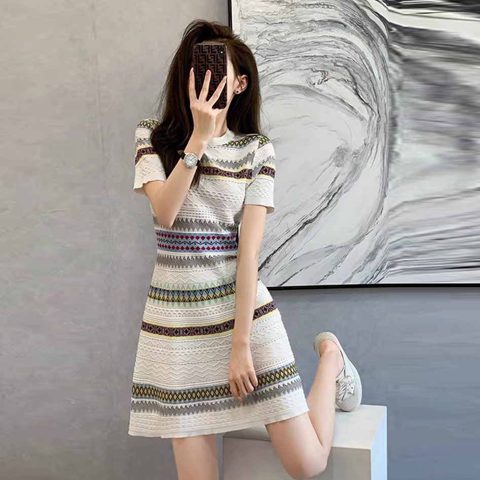 Váy dệt kim ngắn tay phong cách nữ thần sang trọng — màu xanh chi tiết 5