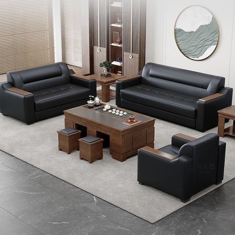 Genuine leather office sofa, leather art coffee table set, reception and guest seating, simple modern office three-seater Genuine leather office sofa, leather art coffee table set, reception and guest seating, simple modern office three-seater