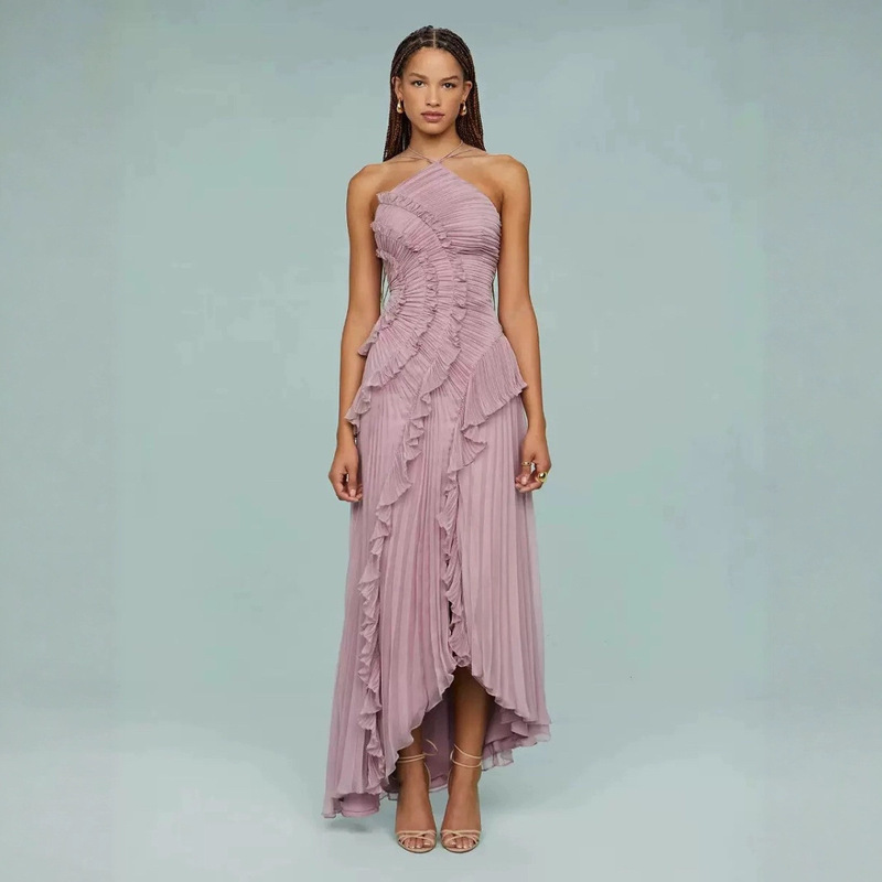 Cross-border high-end chiffon dress for women, ruffle and pleat design, slimming mid-length dress, European and American fast fashion Cross-border high-end chiffon dress for women, ruffle and pleat design, slimming mid-length dress, European and American fast fashion