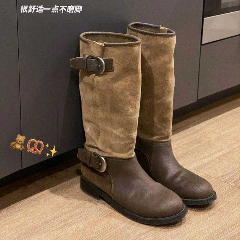 牛皮版~韩版复古西部牛仔靴女英伦风皮带扣宽筒不过膝粗跟骑士靴|undefined