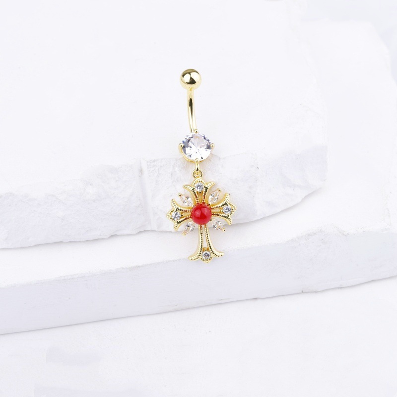 Diamond Crown Cross Belly Button Ring Gold Dangle Body Piercing Jewelry detail image 9