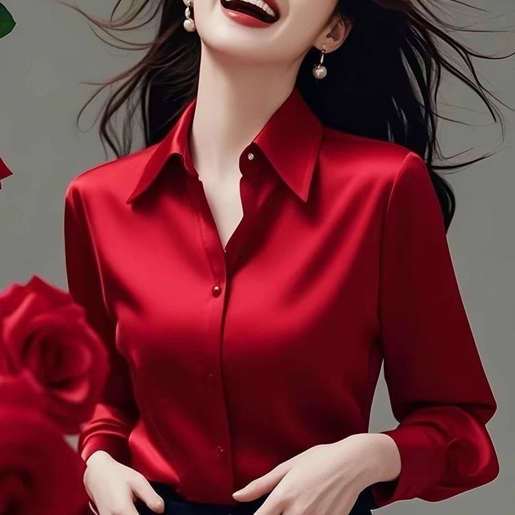 Anti-Wrinkle High-End Long-Sleeved Spring and Summer Satin Shirt for Women, Sun Protection Outerwear, Slimming Professional Wear Design, Drapey Loose Top Anti-Wrinkle High-End Long-Sleeved Spring and Summer Satin Shirt for Women, Sun Protection Outerwear, Slimming Professional Wear Design, Drapey Loose Top