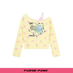 Fudge Pink 25秋季新款美式甜美可爱露肩满印长袖T恤