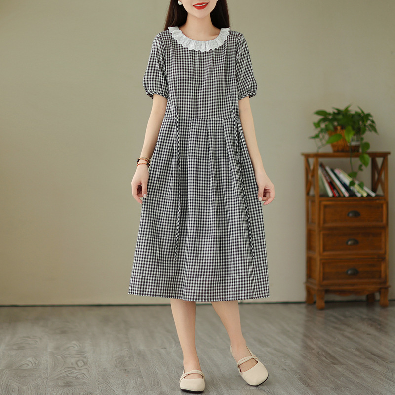 Lace summer Japanese dress with a round collar