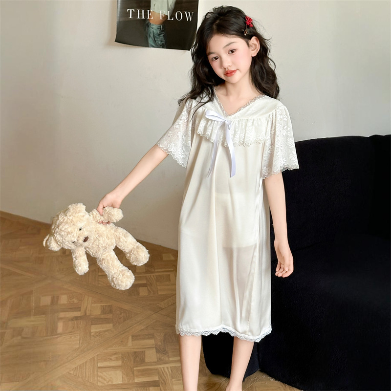 女の子のハイエンドアイスシルクパジャマ 2025 新しい子供の夏の薄いレースのパジャマドレス女の子プリンセススタイルパジャマ|undefined