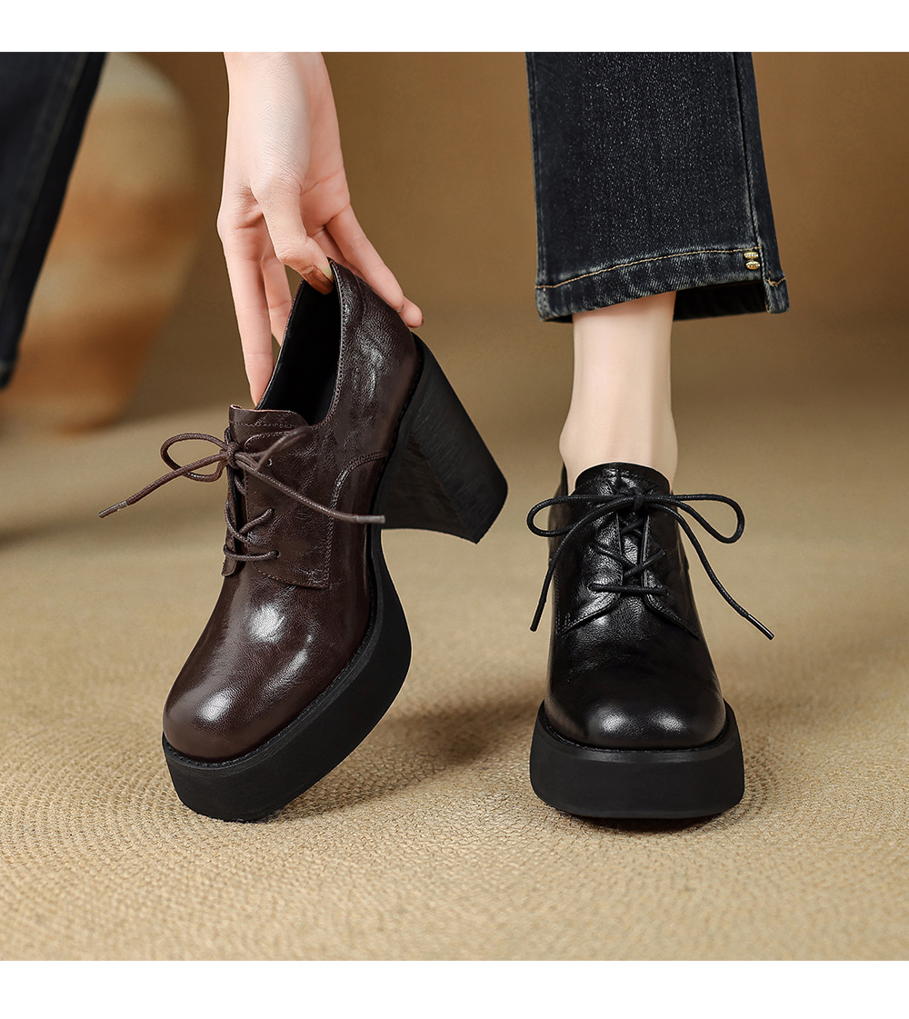 Giày cao gót nữ gót vuông 10cm phong cách Anh quốc buộc dây — màu nâu chi tiết 12