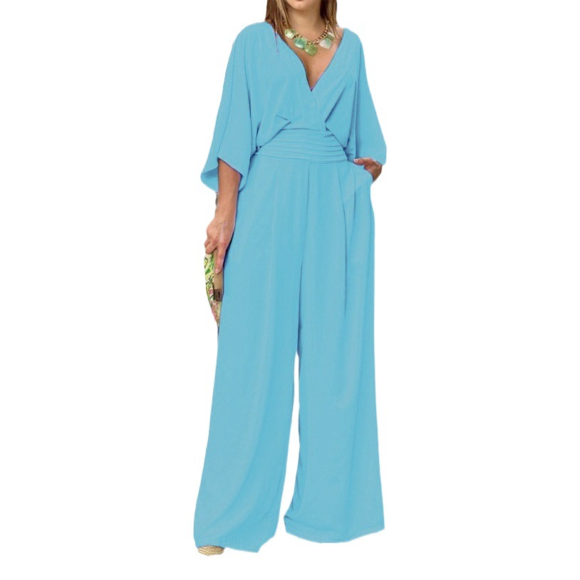 2023 Amazon europeo y americano transfronterizo más tamaño de las mujeres ins pierna ancha color sólido con cuello en V mono de moda simple