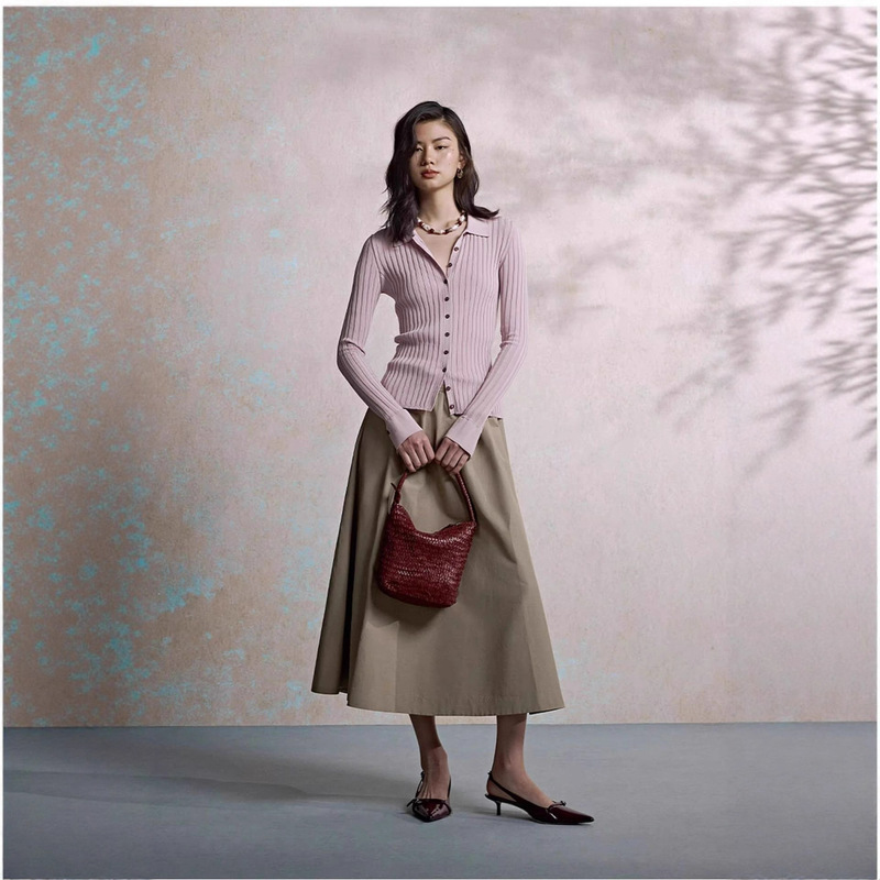 058 New Style High-Elastic Simple Ribbed Lapel Slim-Fit Cardigan with Slightly Flared Sleeves Knit Top