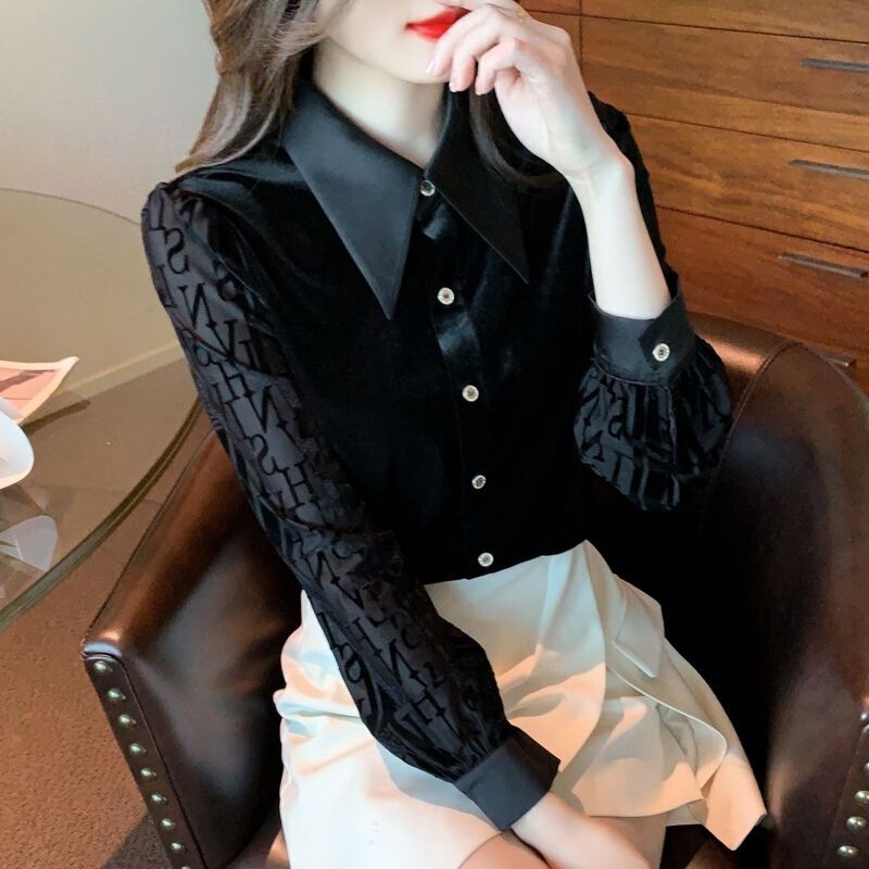 French-Style Pointed Collar Black Shirt for Women, Autumn Fashion, Chic Velvet Top with Letter Print French-Style Pointed Collar Black Shirt for Women, Autumn Fashion, Chic Velvet Top with Letter Print