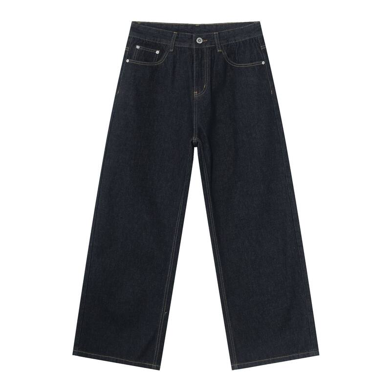 Quần jean nam ống rộng lưng giữa form suông thoải mái phong cách cơ bản — Denim đen, màu xanh denim