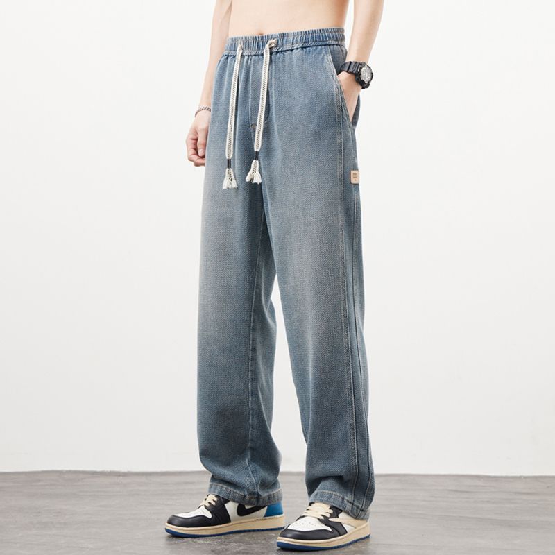 Jeans de verano para hombres 2025 nueva tendencia de primavera callejera alta cintura elástica casual pantalones sueltos retro
