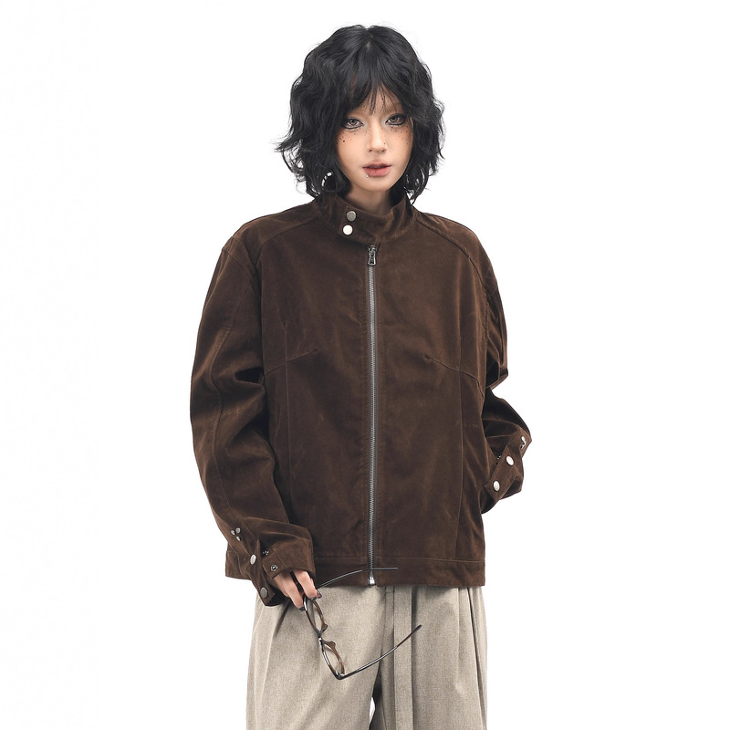 Original Retro Modern Era Suede Craft Stand Collar Jacket for Women Autum High-End Short Harrington Jacket for Men