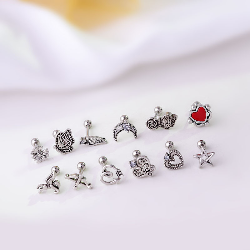 316L Stainless Steel , Copper Material Flower Pattern Ear Cartilage Rings & Studs Retro Flower 316L Stainless Steel Copper Plating